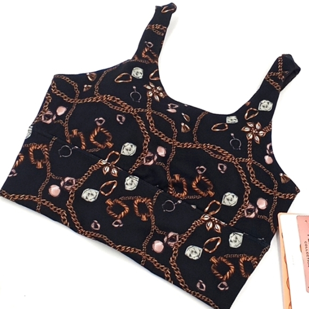X by Gottex Silhouette Bralette Sports Bra Black Chain Print